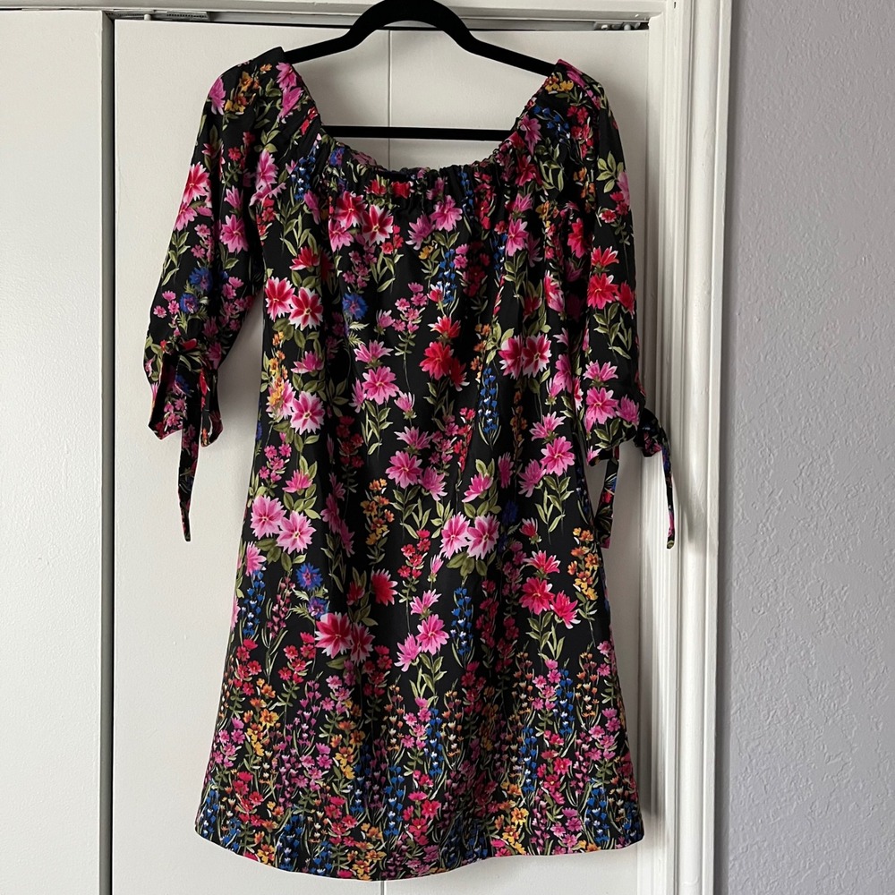 Vince Camuto Floral‎ Print Dress Off Shoulder Tie Sleeve Black Size 6